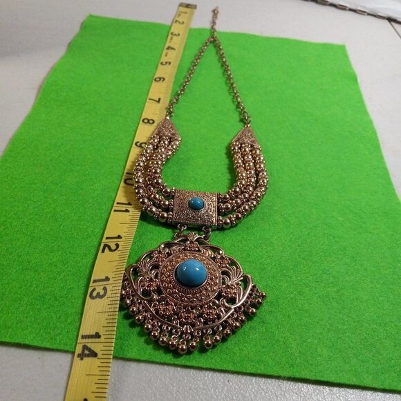 Statement Gold tone Three Strand with Large Pendant Necklace - Picture 6 of 8